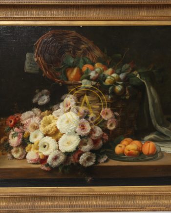 TABLEAU ” NATURE MORTE AUX FRUITS ET AUX FLEURS” XIXè