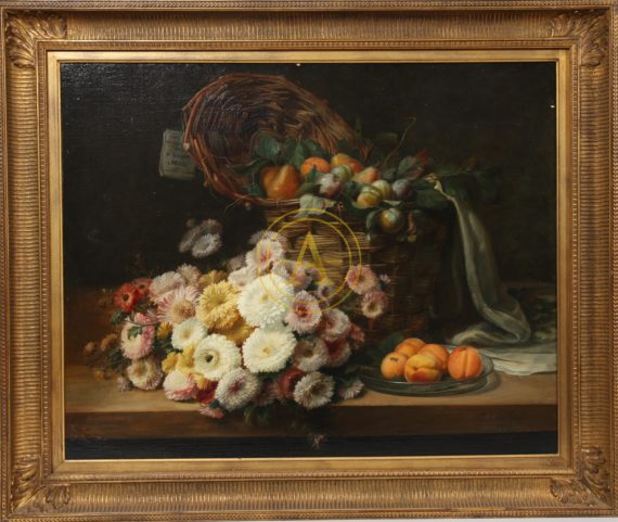 TABLEAU ” NATURE MORTE AUX FRUITS ET AUX FLEURS” XIXè