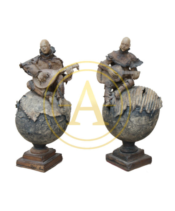 Pair of Sculptures “Guitar and Mandolin Players” by Cheryl Chase
